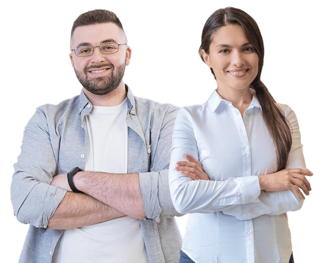 Two people standing with arms crossed.